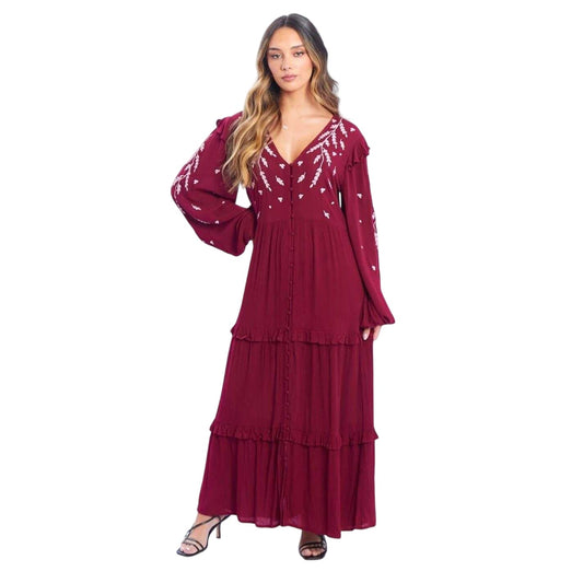 Burgundy - Front - Be You Womens-Ladies Embroidered Woven Maxi Dress