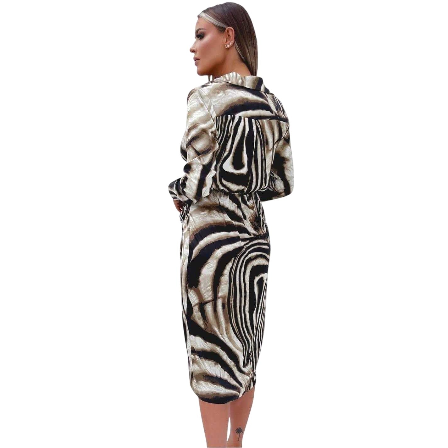 Brown-Black-White - Back - AX Paris Womens-Ladies Polyester Padded Shoulder Long-Sleeved Wrap Dress