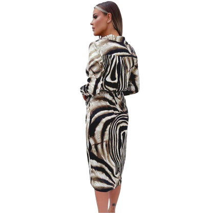 Brown-Black-White - Back - AX Paris Womens-Ladies Polyester Padded Shoulder Long-Sleeved Wrap Dress