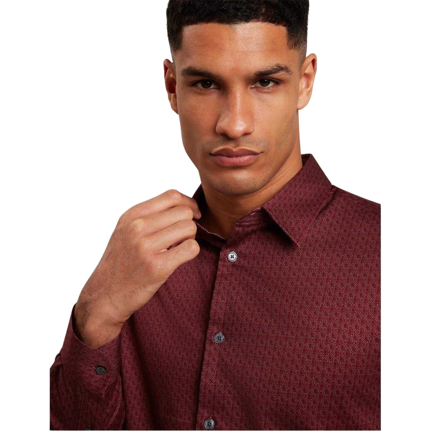 Dark Red - Side - Ted Baker Mens Geometric Long-Sleeved Shirt