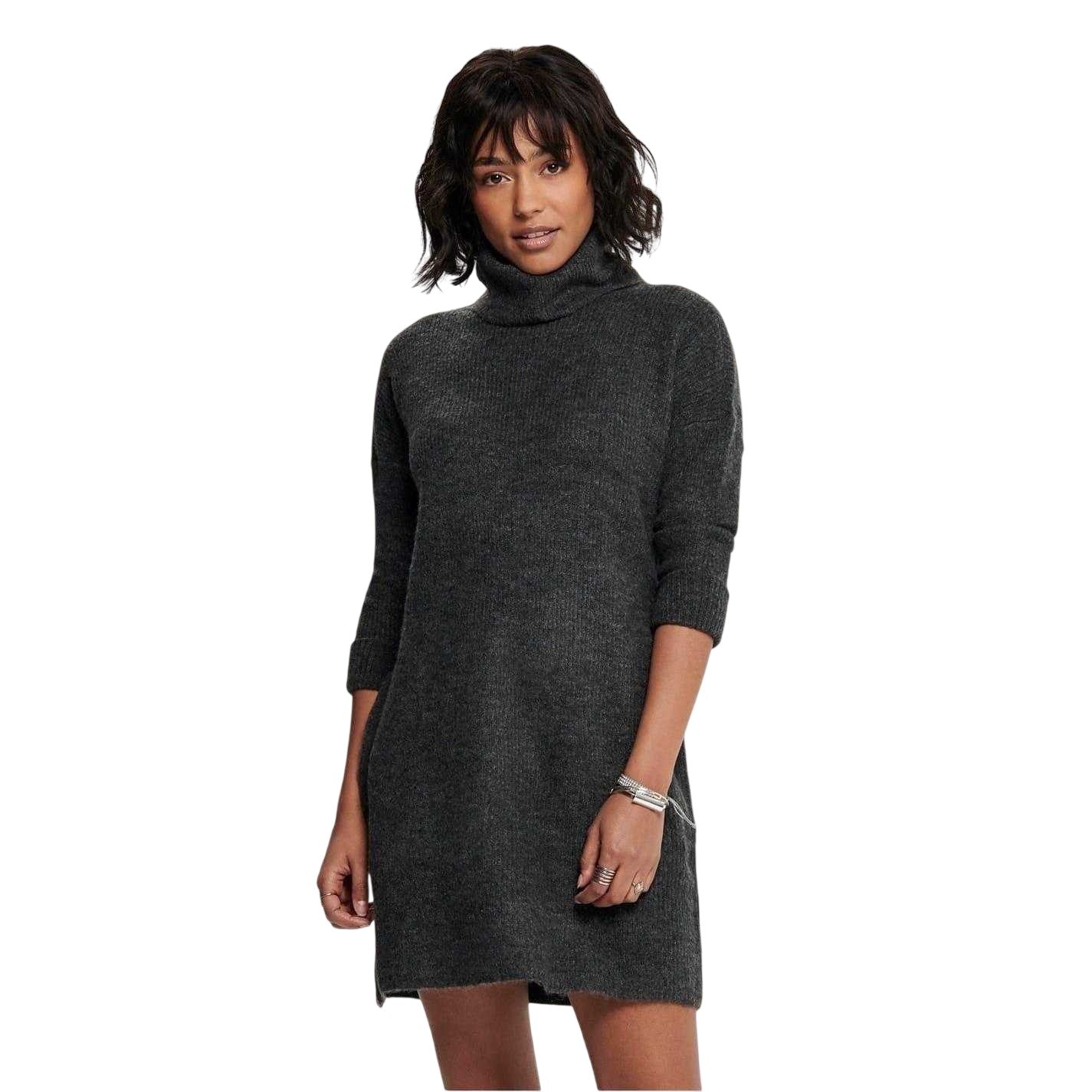 Dark Grey Melange - Front - Only Womens-Ladies Knitted Cowl Neck Sweater Dress