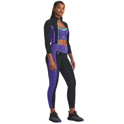 Purple-Black - Side - Under Armour Womens-Ladies Project Rock Cropped Gym Jacket