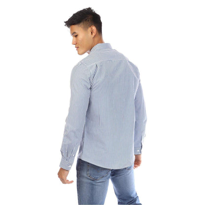 Navy-White - Back - Peter Werth Mens Beasley Vertical Stripe Long-Sleeved Shirt