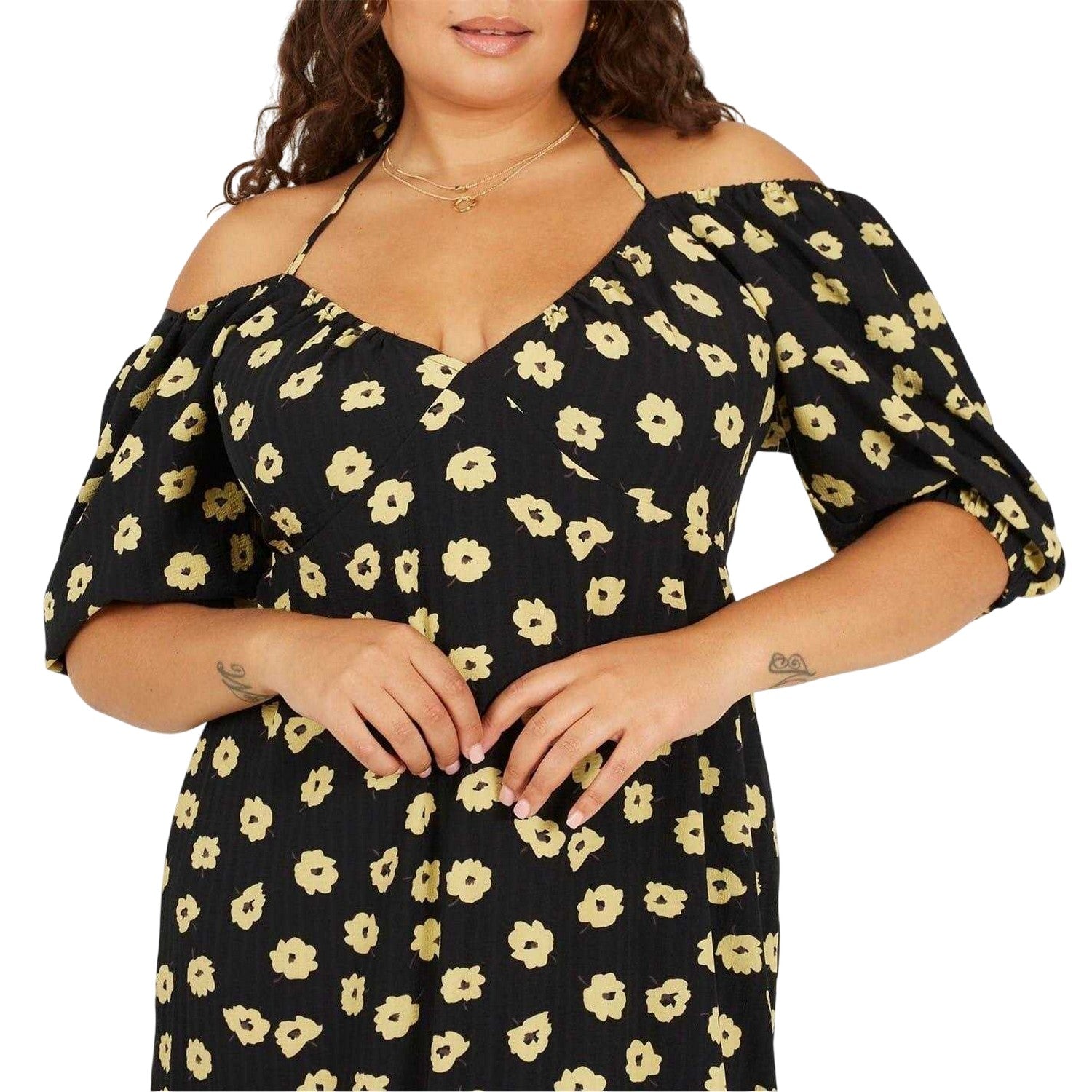Black-Yellow - Side - Brave Soul Womens-Ladies Floral Wrap Dress
