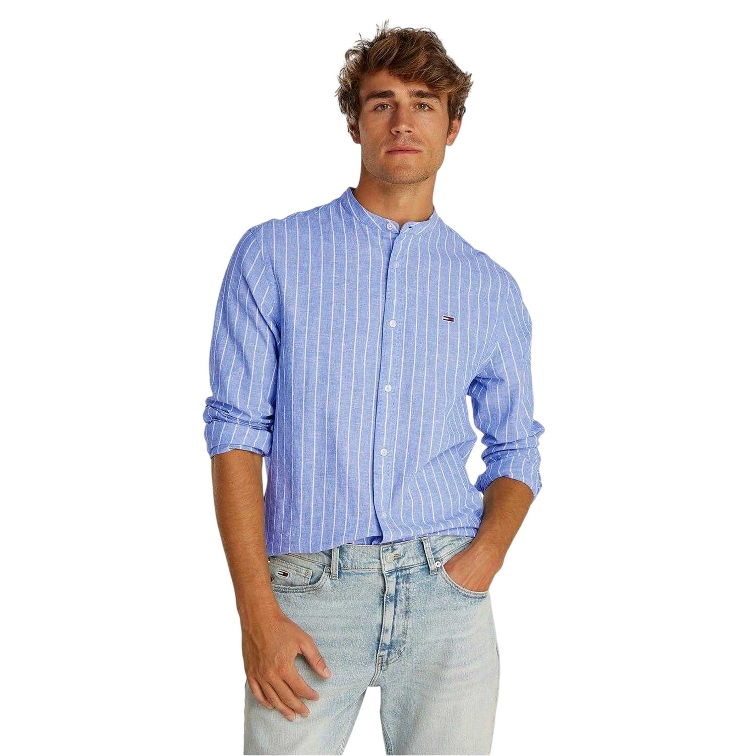Blue-Ecru - Back - Tommy Jeans Mens Linen Long-Sleeved Shirt