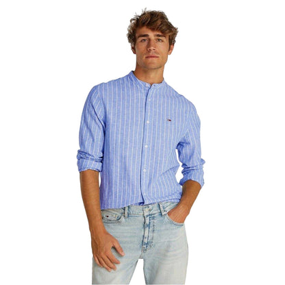 Blue-Ecru - Back - Tommy Jeans Mens Linen Long-Sleeved Shirt