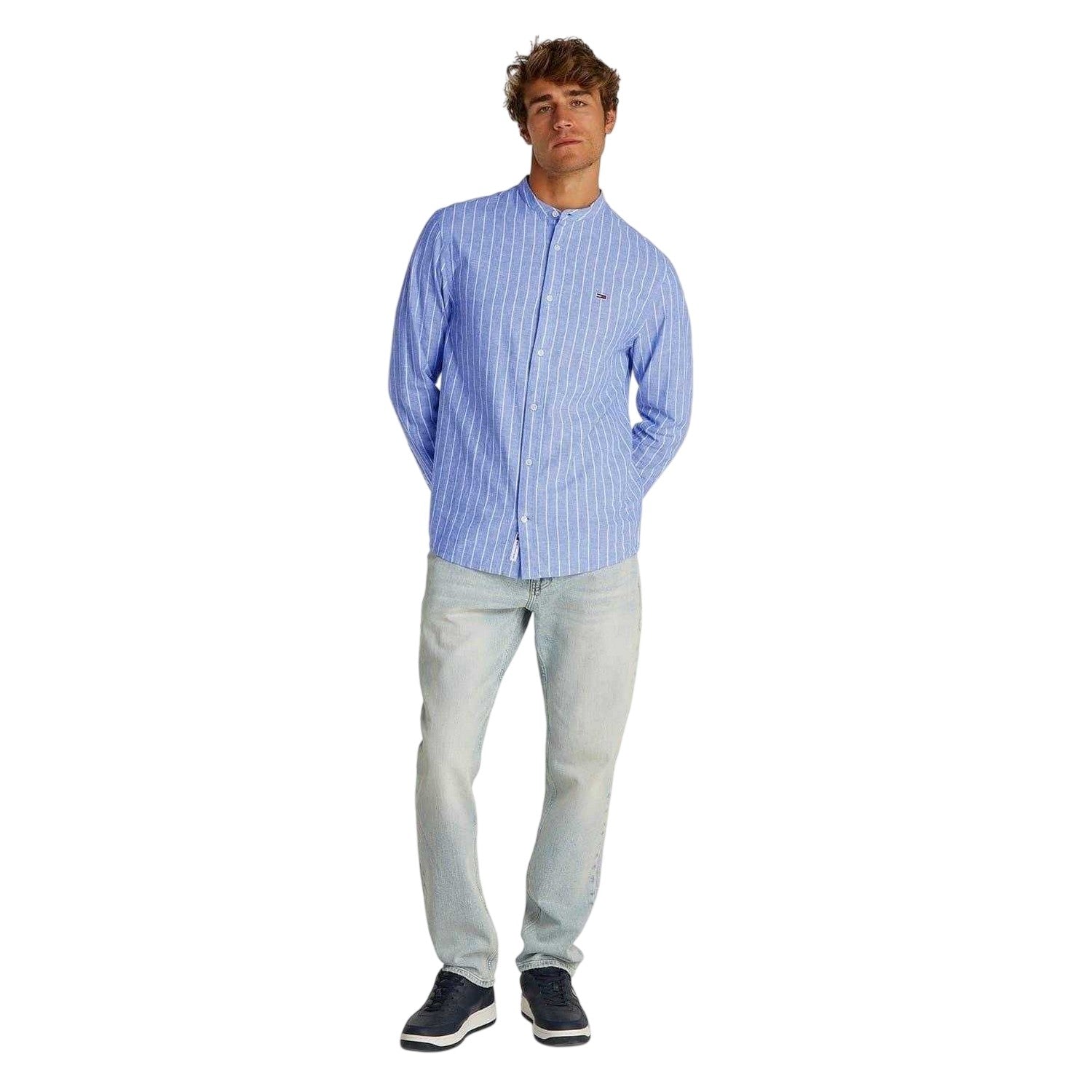 Blue-Ecru - Side - Tommy Jeans Mens Linen Long-Sleeved Shirt