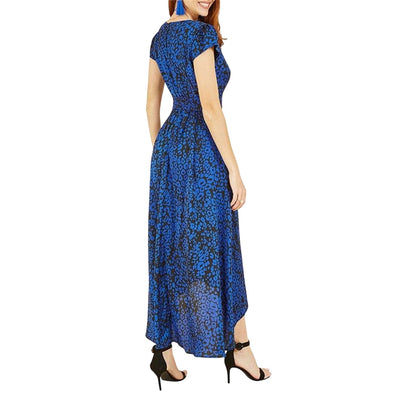 Blue - Back - Yumi Womens-Ladies Leopard Print Capped Sleeved Wrap Dress