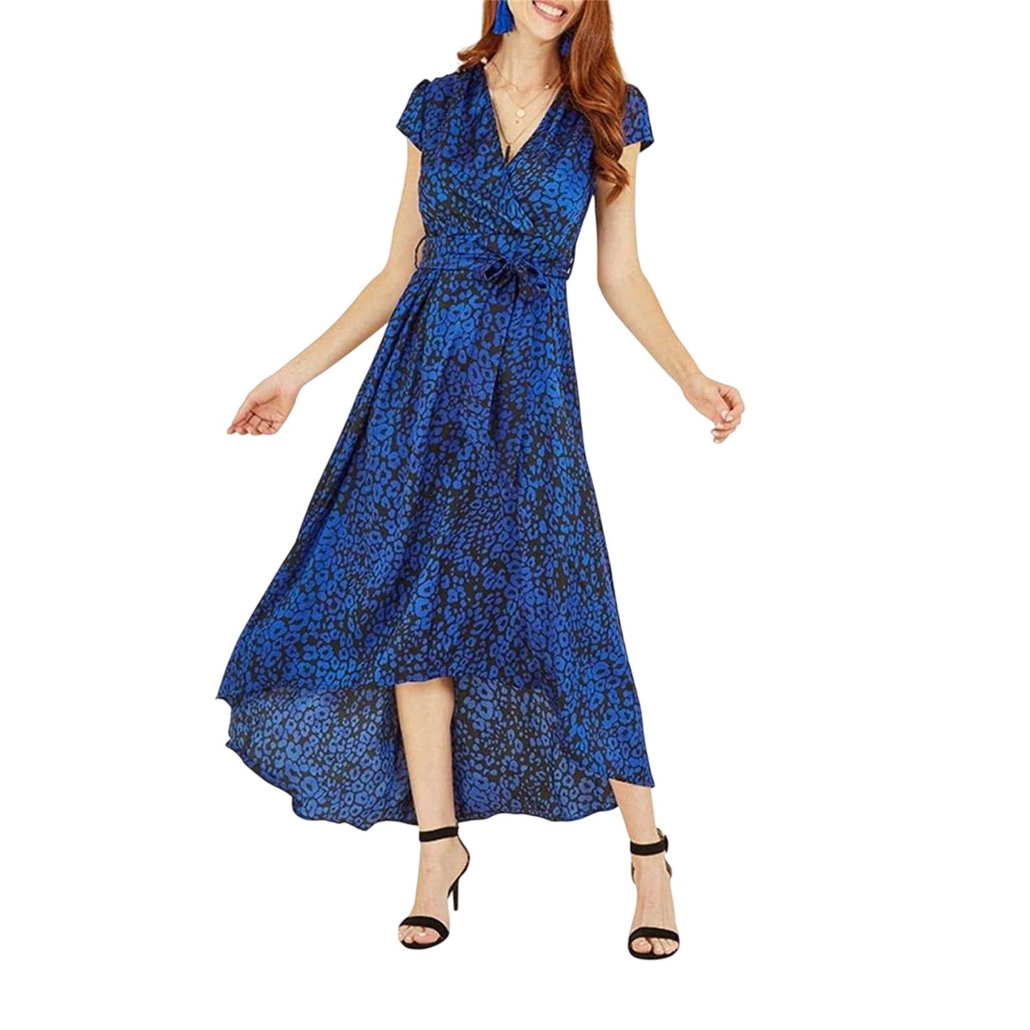 Blue - Side - Yumi Womens-Ladies Leopard Print Capped Sleeved Wrap Dress