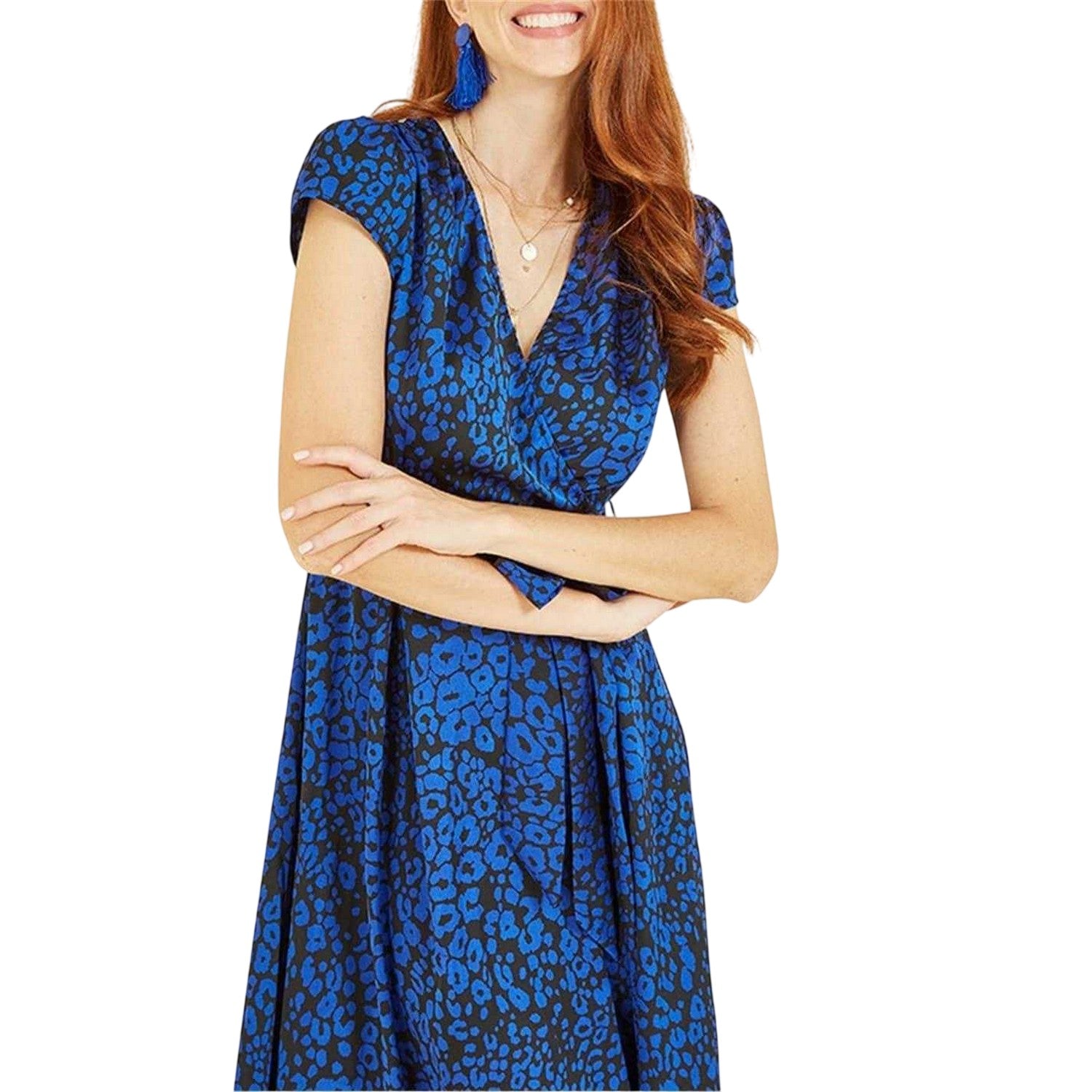 Blue - Lifestyle - Yumi Womens-Ladies Leopard Print Capped Sleeved Wrap Dress
