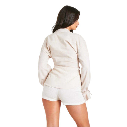 Beige - Back - Missy Empire Womens-Ladies Linen Front Tie Shirt