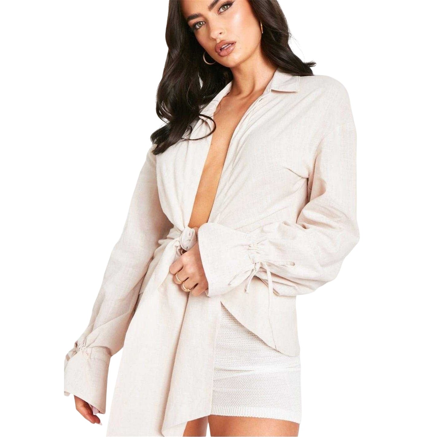 Beige - Side - Missy Empire Womens-Ladies Linen Front Tie Shirt