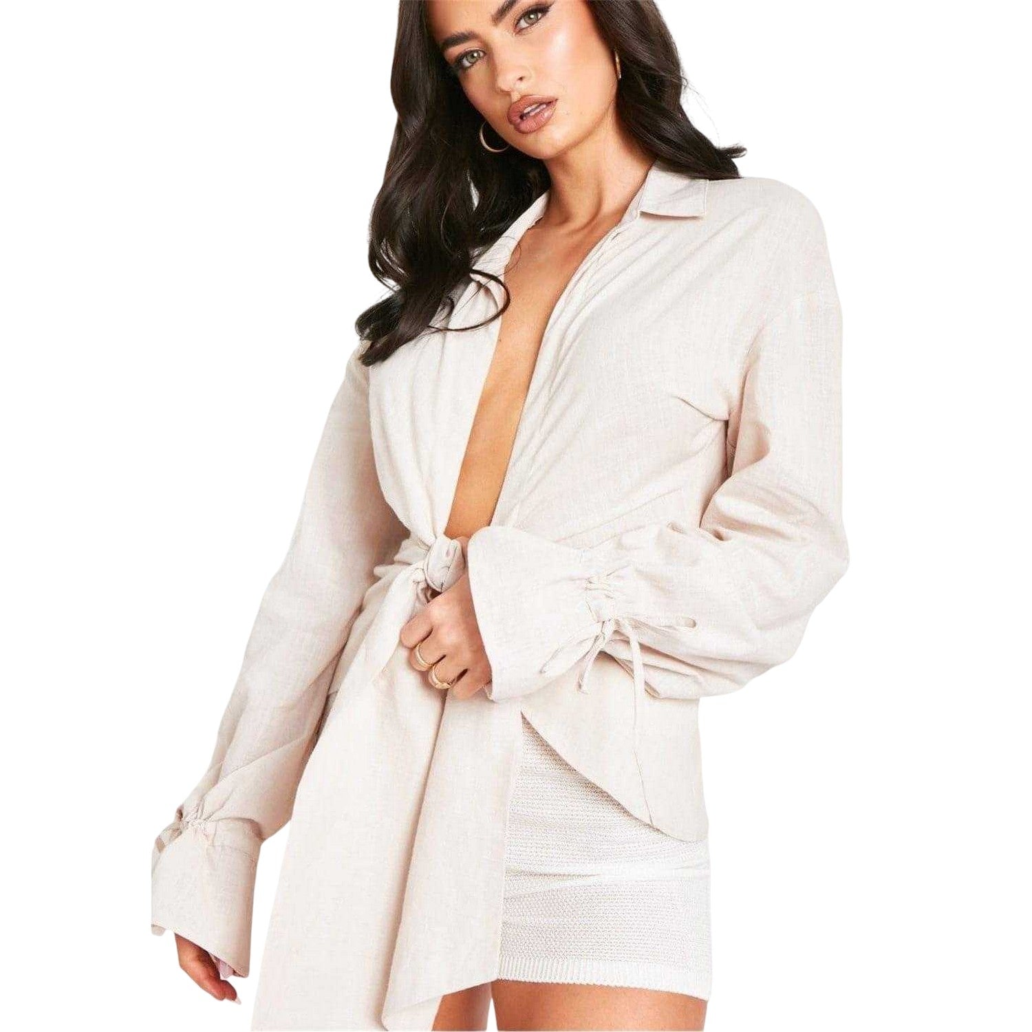 Beige - Side - Missy Empire Womens-Ladies Linen Front Tie Shirt