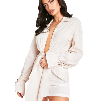 Beige - Side - Missy Empire Womens-Ladies Linen Front Tie Shirt