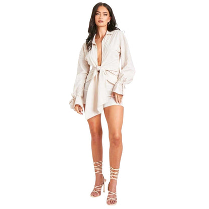 Beige - Lifestyle - Missy Empire Womens-Ladies Linen Front Tie Shirt