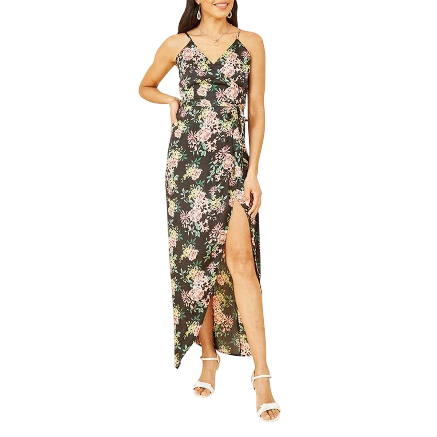Black - Side - Mela London Womens-Ladies Floral Spaghetti Strap Wrap Dress