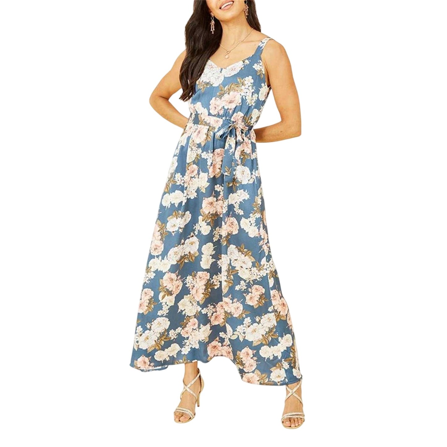 Blue - Side - Mela London Womens-Ladies Satin A-line Maxi Dress