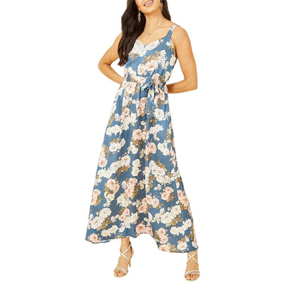 Blue - Side - Mela London Womens-Ladies Satin A-line Maxi Dress