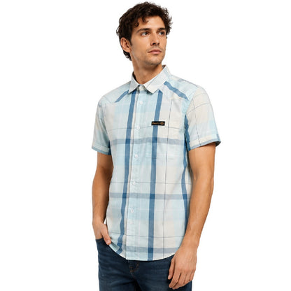 Yellow-Blue - Side - Bench Mens Checked Fitted Short-Sleeved Shirt
