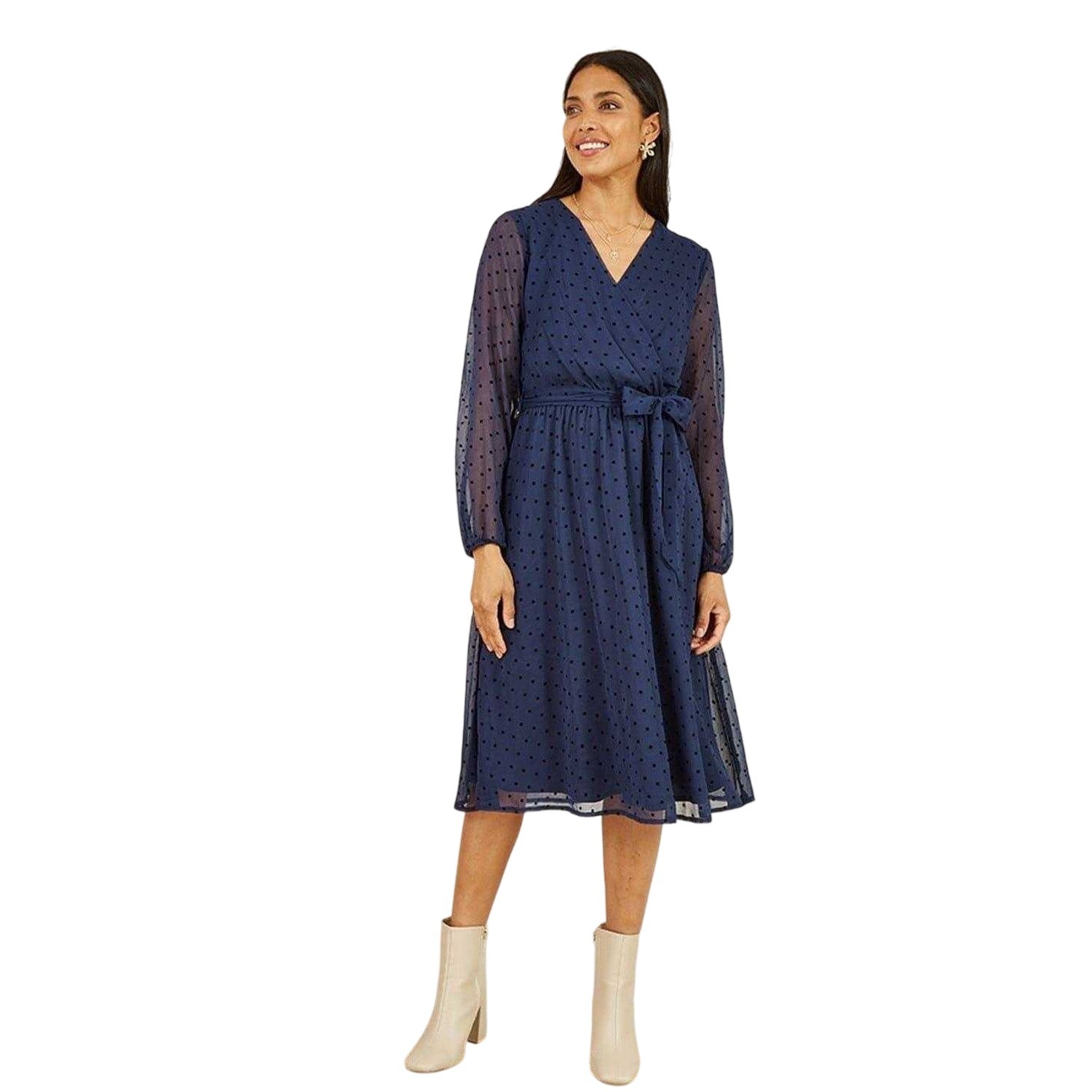 Navy - Side - Mela London Womens-Ladies Dobby Spotted Wrap Dress