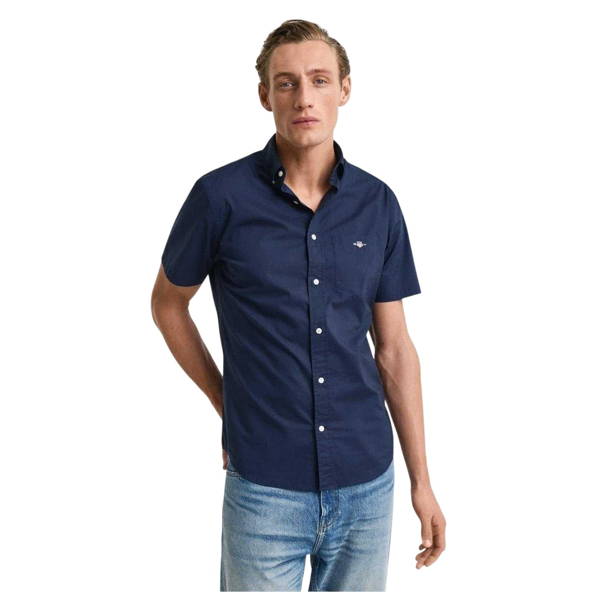 Marine - Front - Gant Mens Poplin Classic Short-Sleeved Shirt