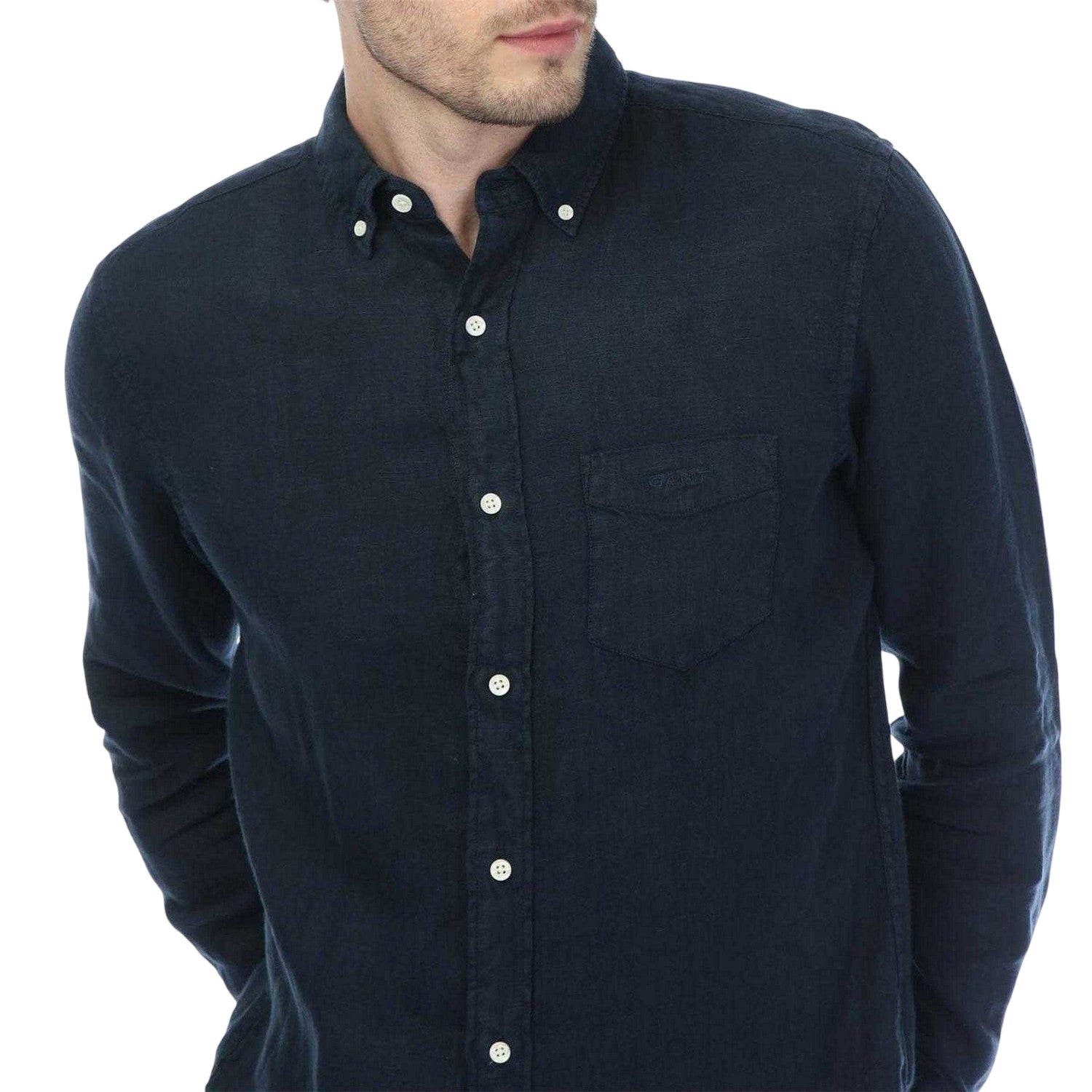 Navy - Side - Gant Mens Linen Garment Dyed Regular Shirt