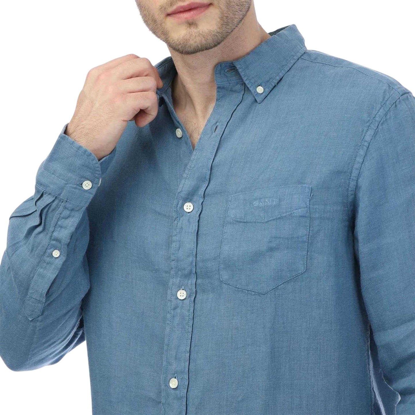 Blue - Side - Gant Mens Linen Garment Dyed Long-Sleeved Shirt