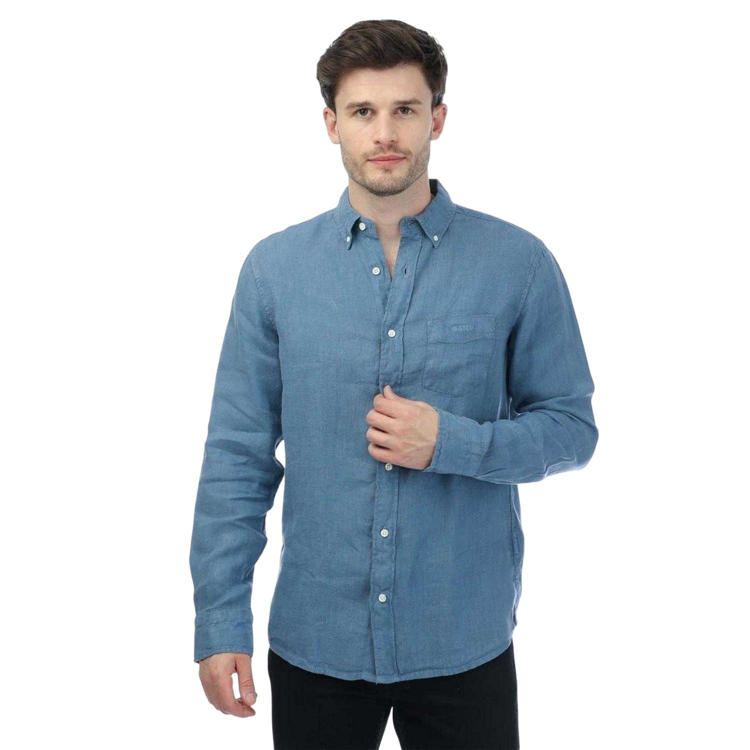Blue - Front - Gant Mens Linen Garment Dyed Long-Sleeved Shirt