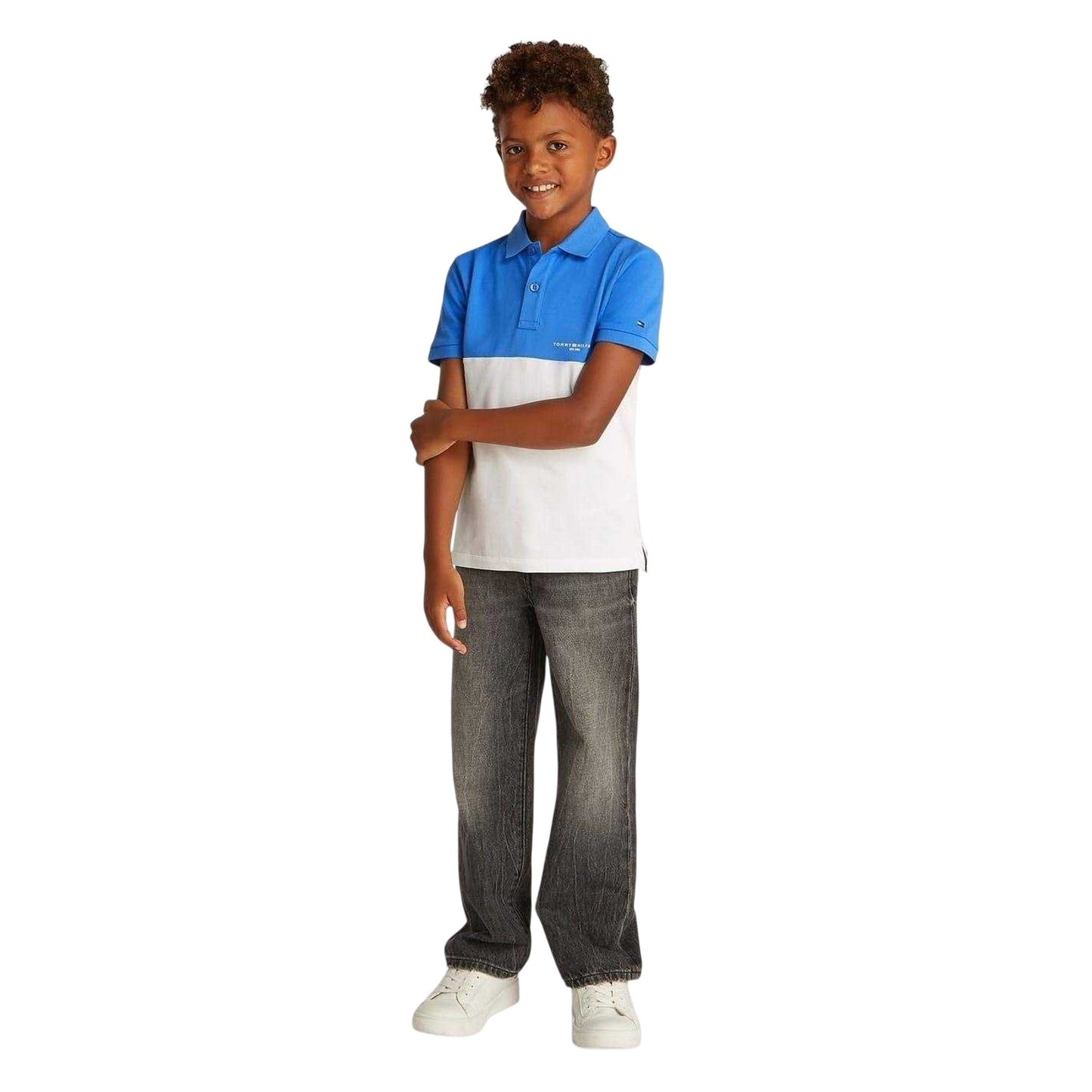 Blue-White - Side - Tommy Hilfiger Childrens-Kids Colour Block Regular Polo Shirt