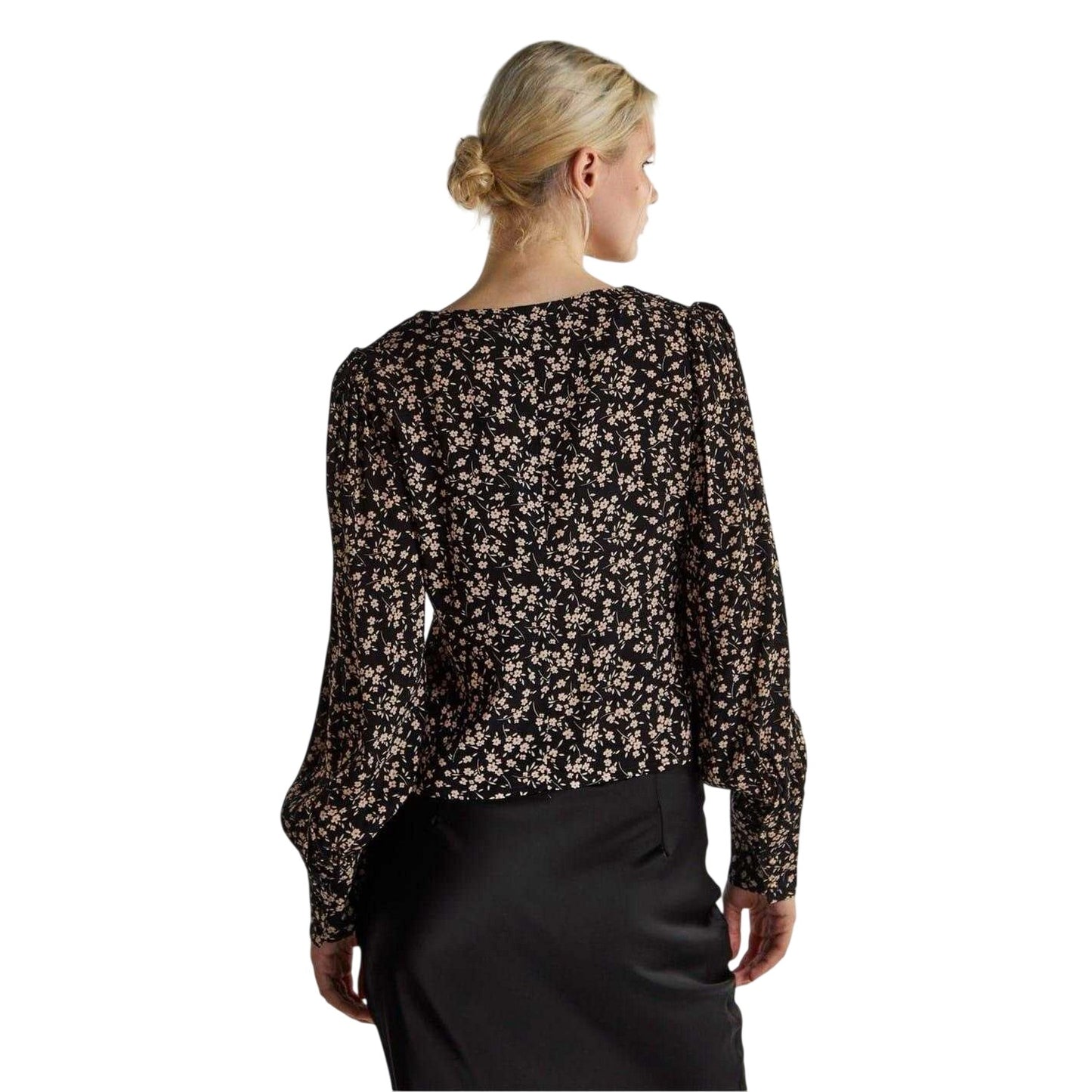 Black - Back - Glamorous Womens-Ladies Ditsy Print Button Front Puff Sleeve Top