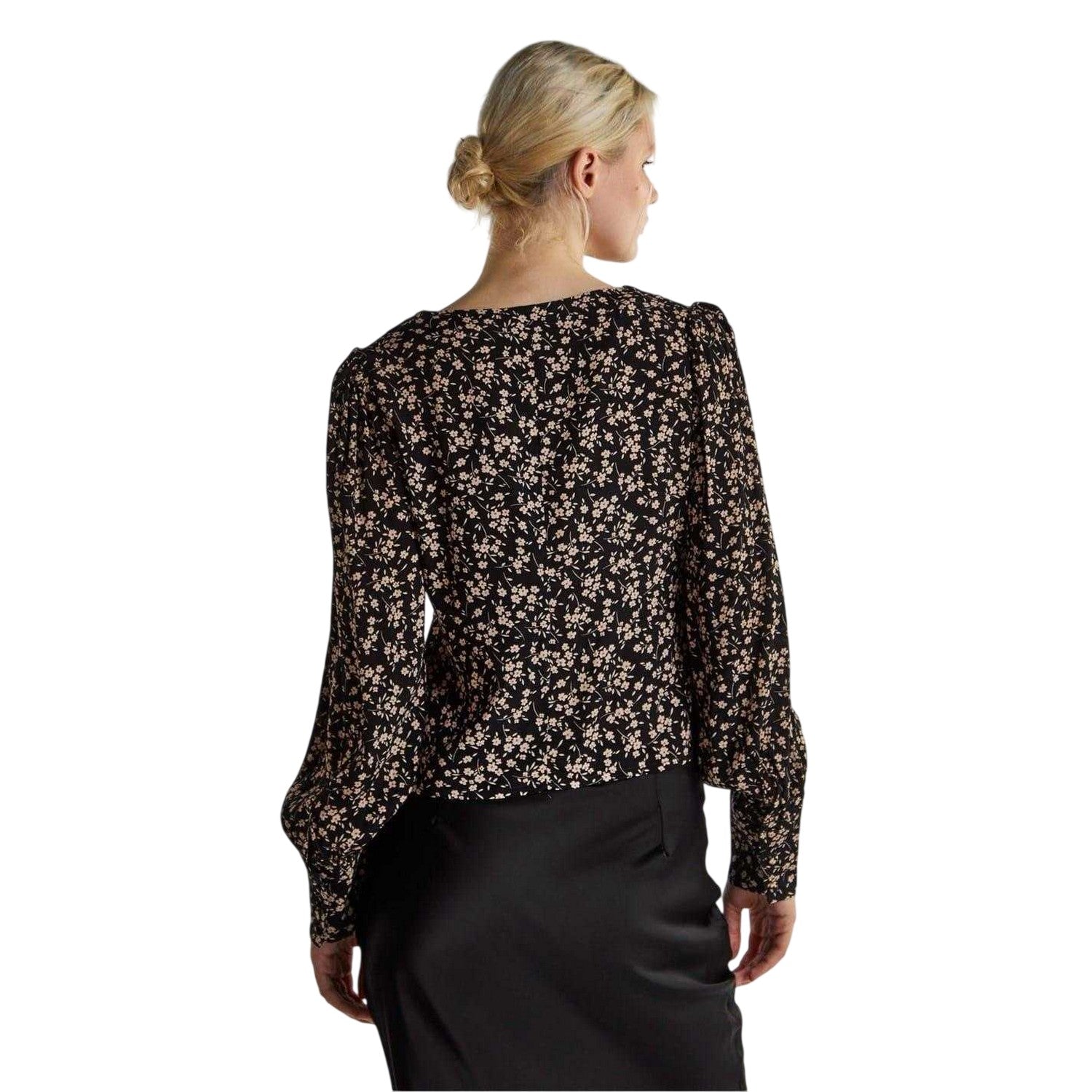 Black - Back - Glamorous Womens-Ladies Ditsy Print Button Front Puff Sleeve Top