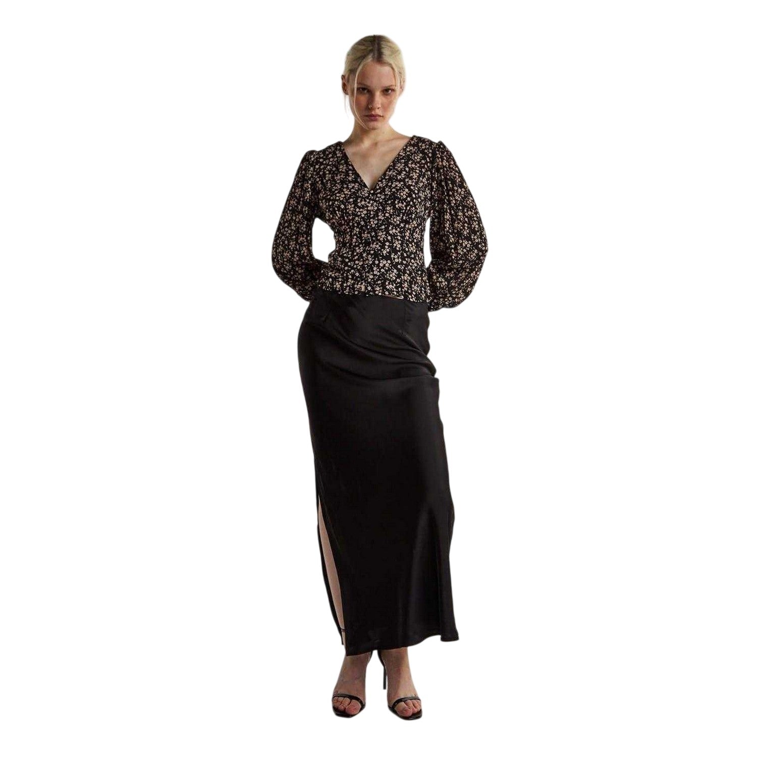 Black - Side - Glamorous Womens-Ladies Ditsy Print Button Front Puff Sleeve Top
