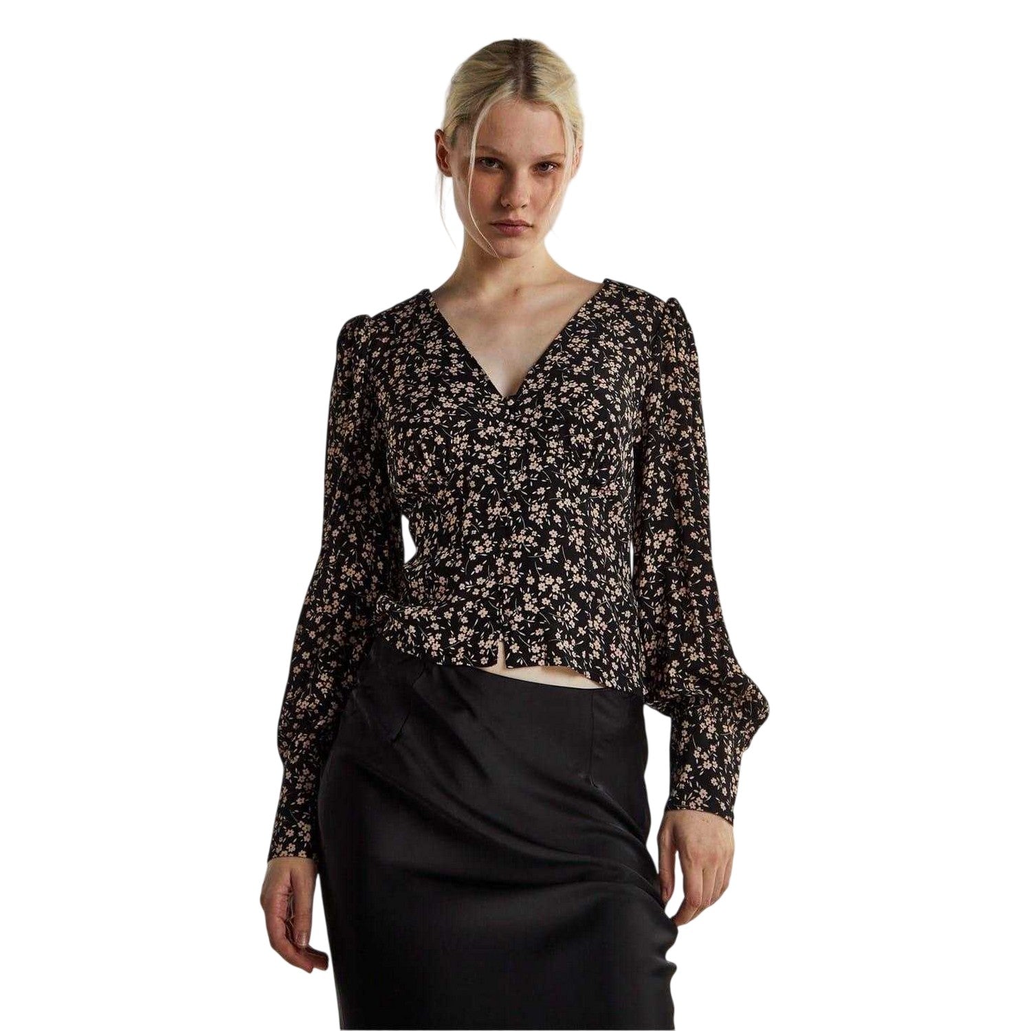 Black - Front - Glamorous Womens-Ladies Ditsy Print Button Front Puff Sleeve Top