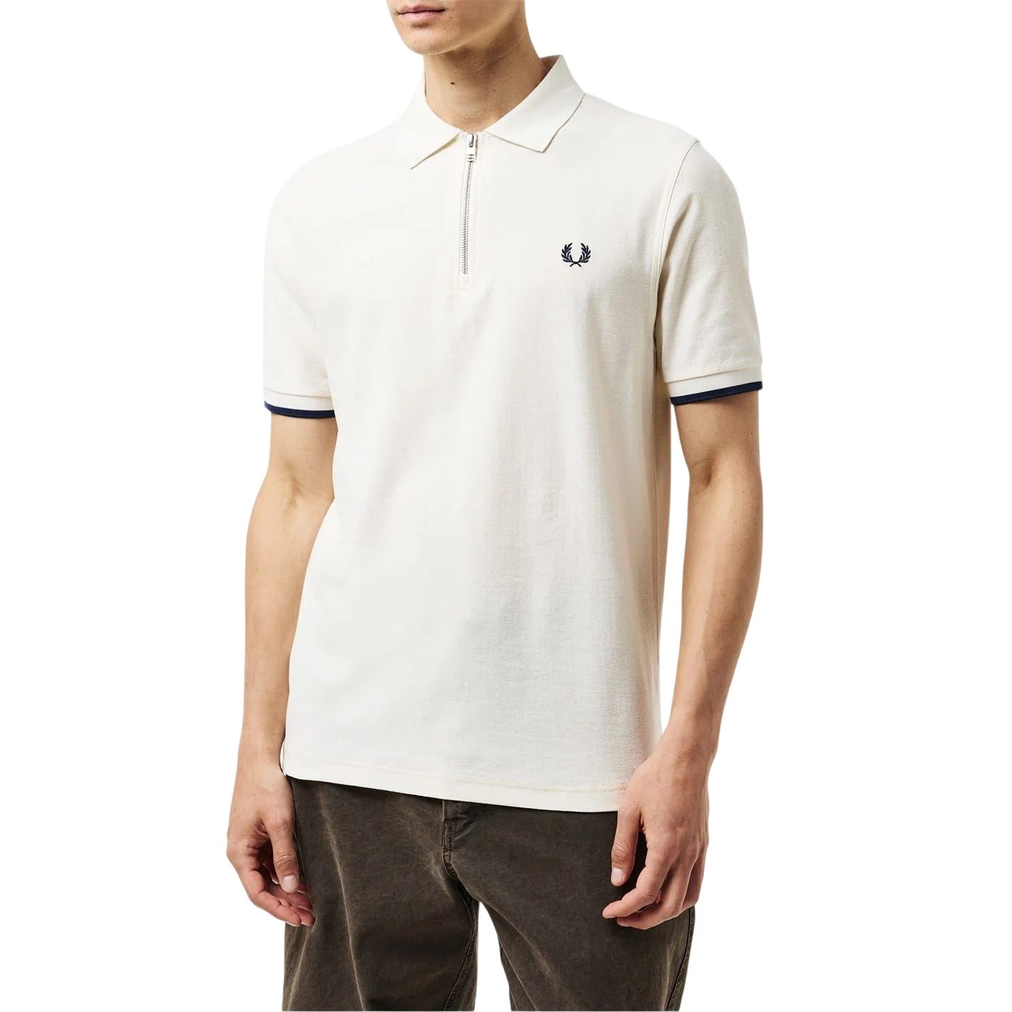 Ecru-Black - Side - Fred Perry Mens Zip Neck Polo Shirt