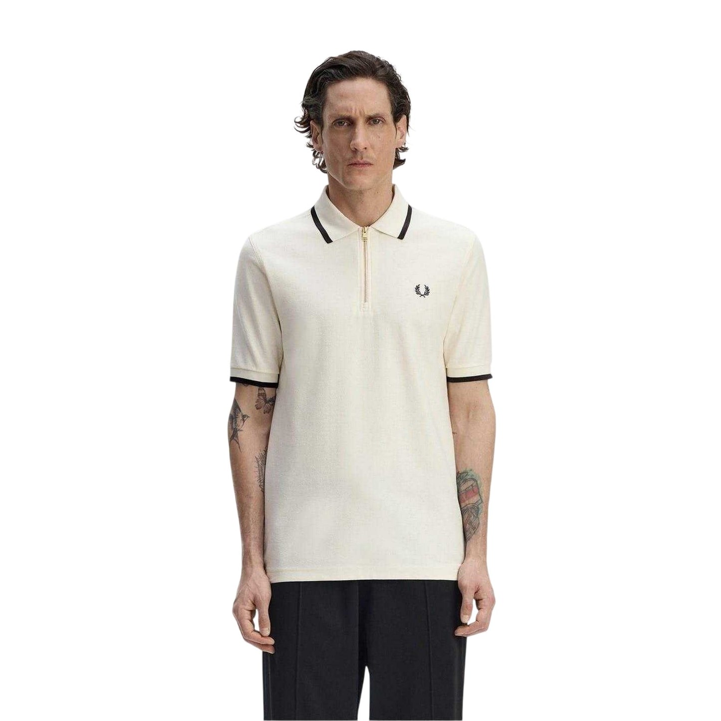 Ecru - Side - Fred Perry Mens Zip Neck Polo Shirt