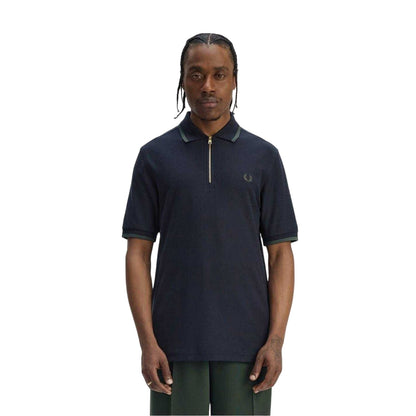 Navy - Side - Fred Perry Mens Zip Neck Polo Shirt