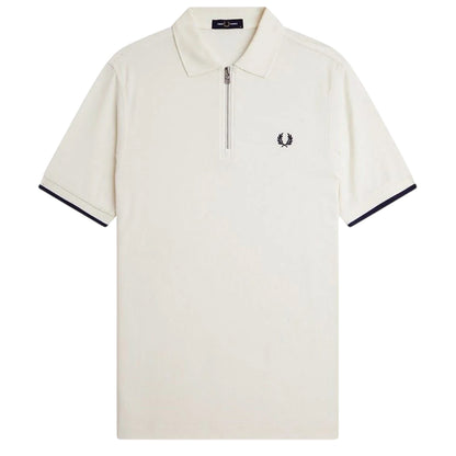 Ecru-Black - Front - Fred Perry Mens Zip Neck Polo Shirt