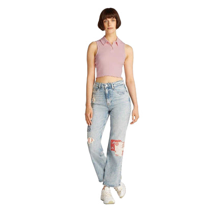 Pink - Pack Shot - Tommy Jeans Womens-Ladies Ribbed Sleeveless Polo Shirt