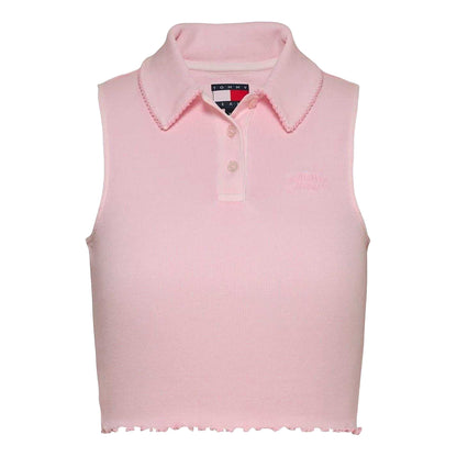 Pink - Front - Tommy Jeans Womens-Ladies Ribbed Sleeveless Polo Shirt