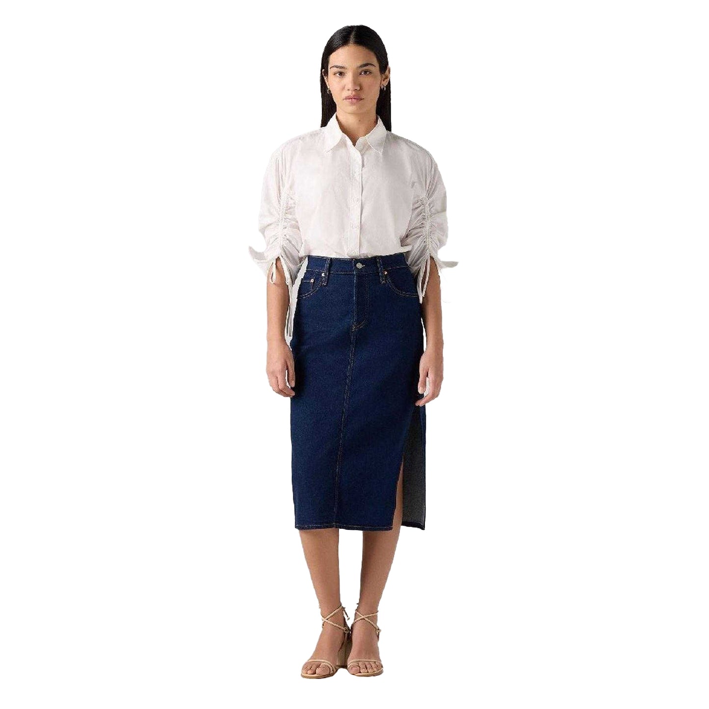 Blue Stone Wash - Side - Levis Womens-Ladies Side Slit Midi Skirt