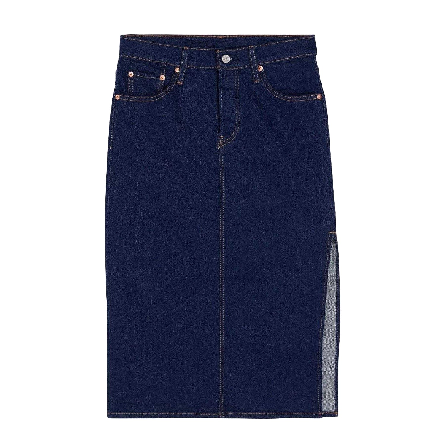 Blue Stone Wash - Front - Levis Womens-Ladies Side Slit Midi Skirt