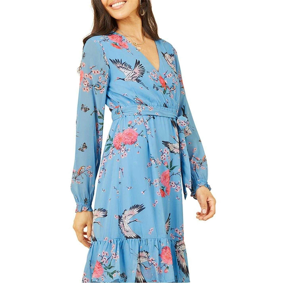 Blue - Side - Yumi Womens-Ladies Floral Wrap Dress