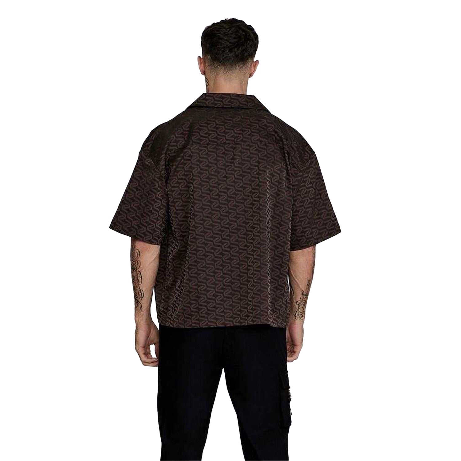 Brown - Back - SikSilk Mens Geometric Relaxed Fit Short-Sleeved Shirt