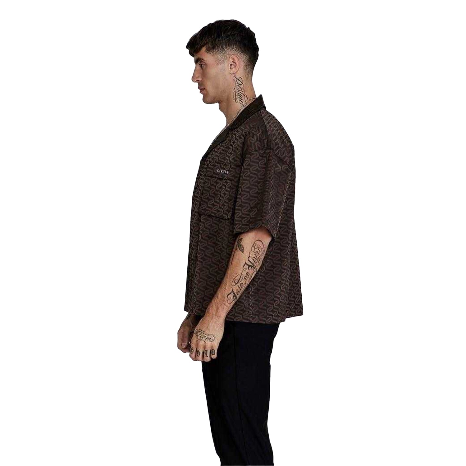 Brown - Side - SikSilk Mens Geometric Relaxed Fit Short-Sleeved Shirt