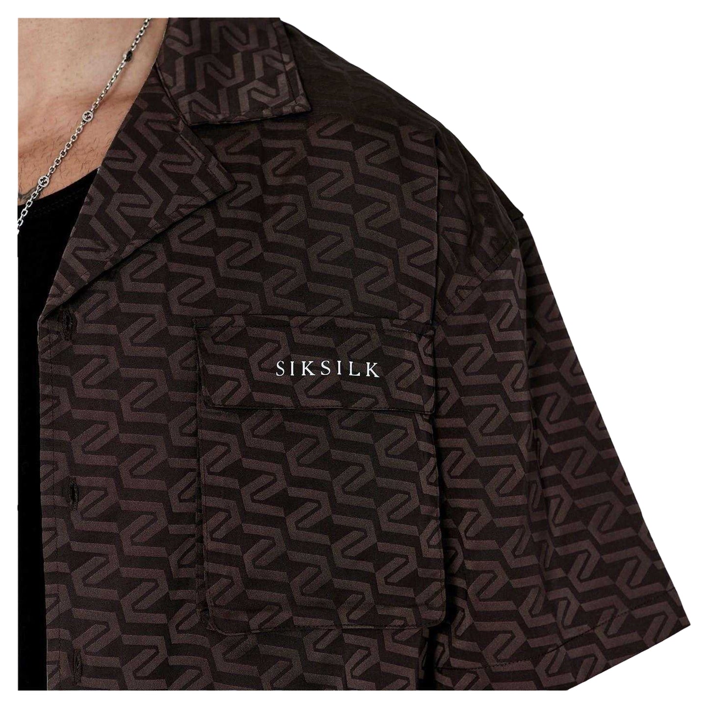 Brown - Lifestyle - SikSilk Mens Geometric Relaxed Fit Short-Sleeved Shirt