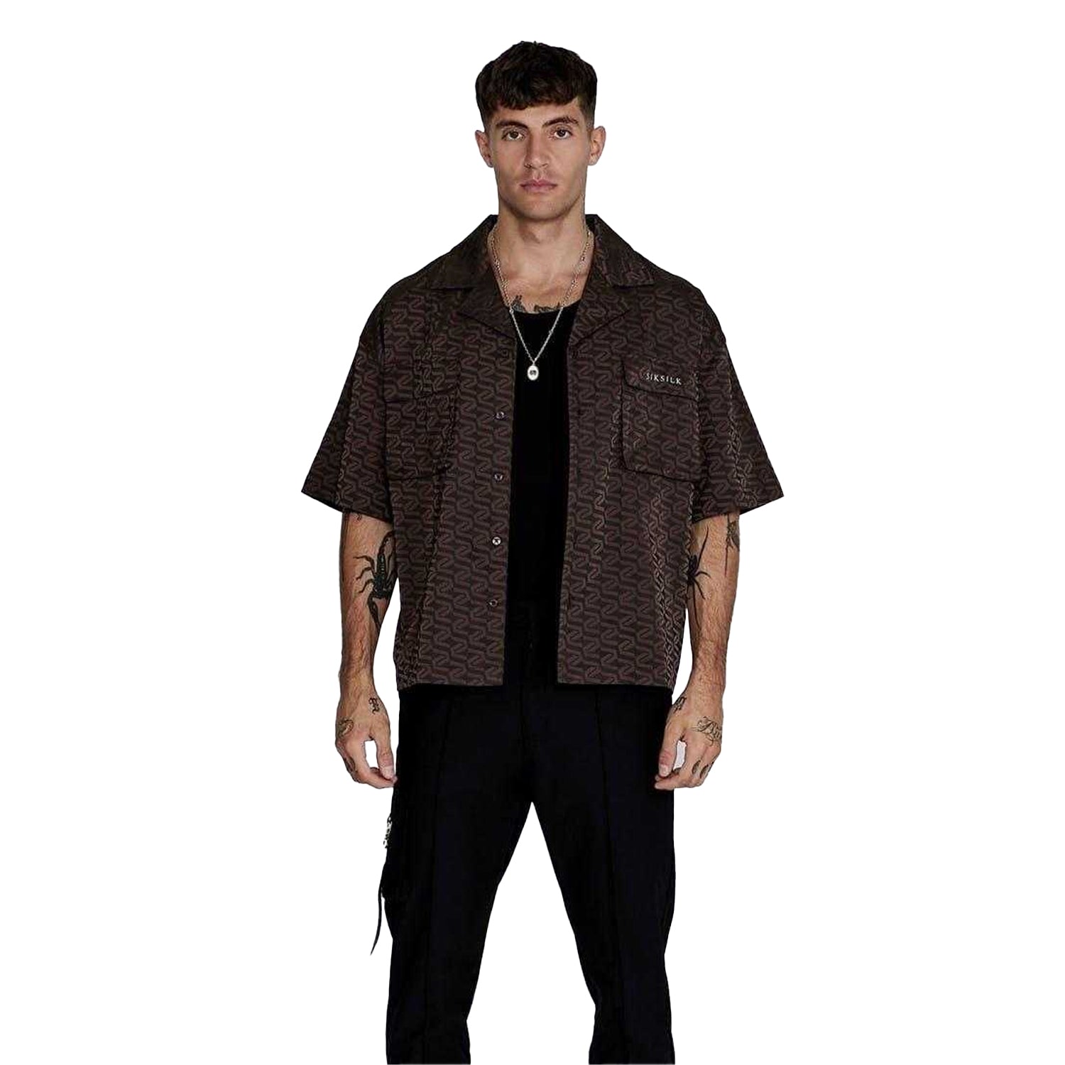 Brown - Pack Shot - SikSilk Mens Geometric Relaxed Fit Short-Sleeved Shirt