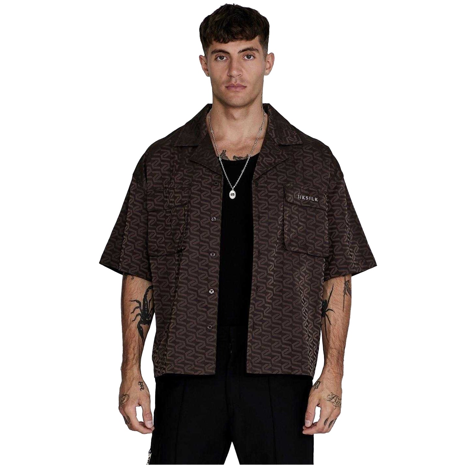Brown - Front - SikSilk Mens Geometric Relaxed Fit Short-Sleeved Shirt