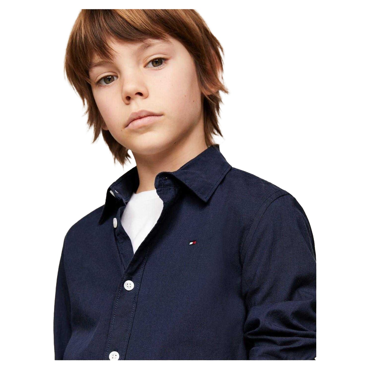 Navy - Side - Tommy Hilfiger Boys Plain Regular Long-Sleeved Shirt