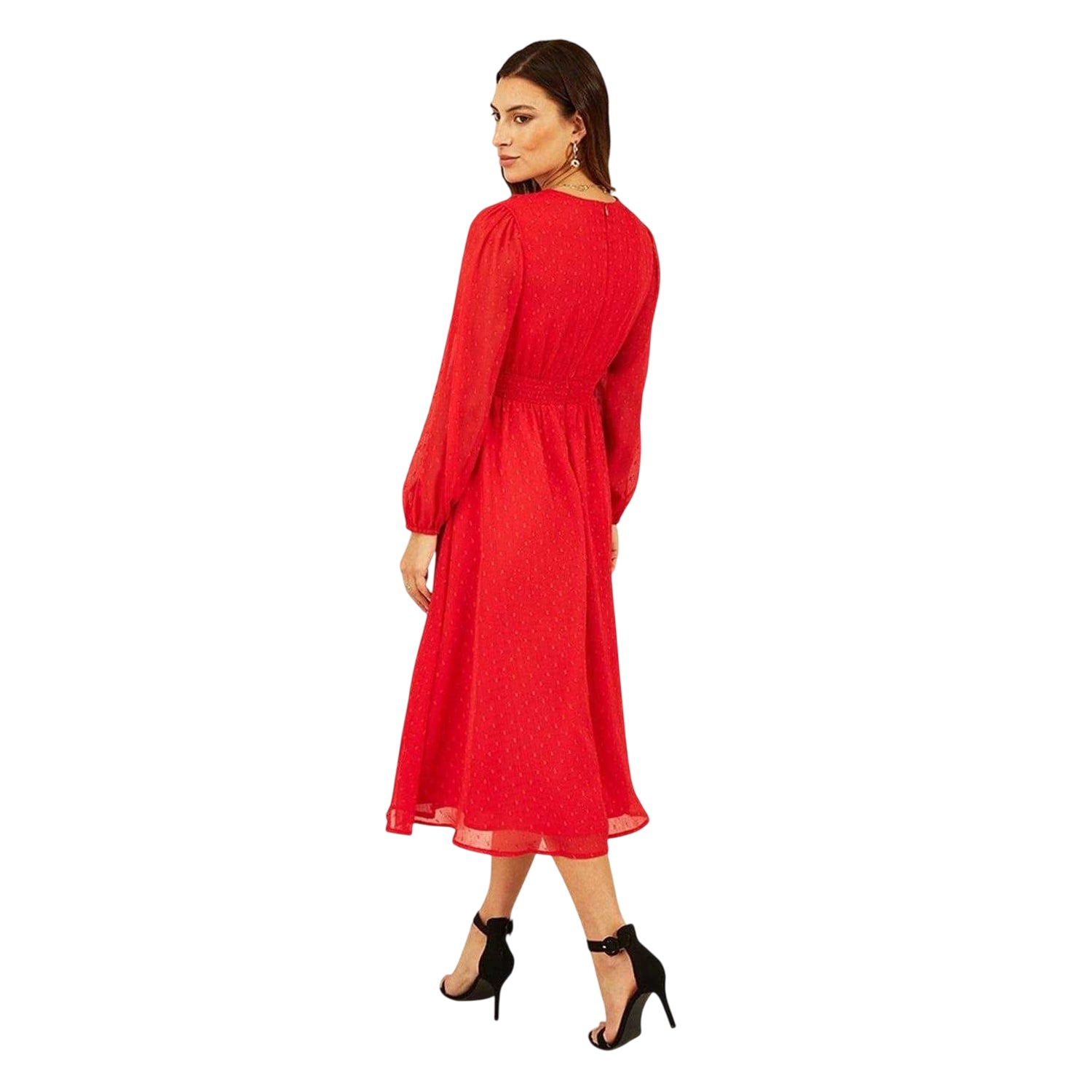 Red - Back - Yumi Womens-Ladies Shimmer Dobby Midi Swing Dress
