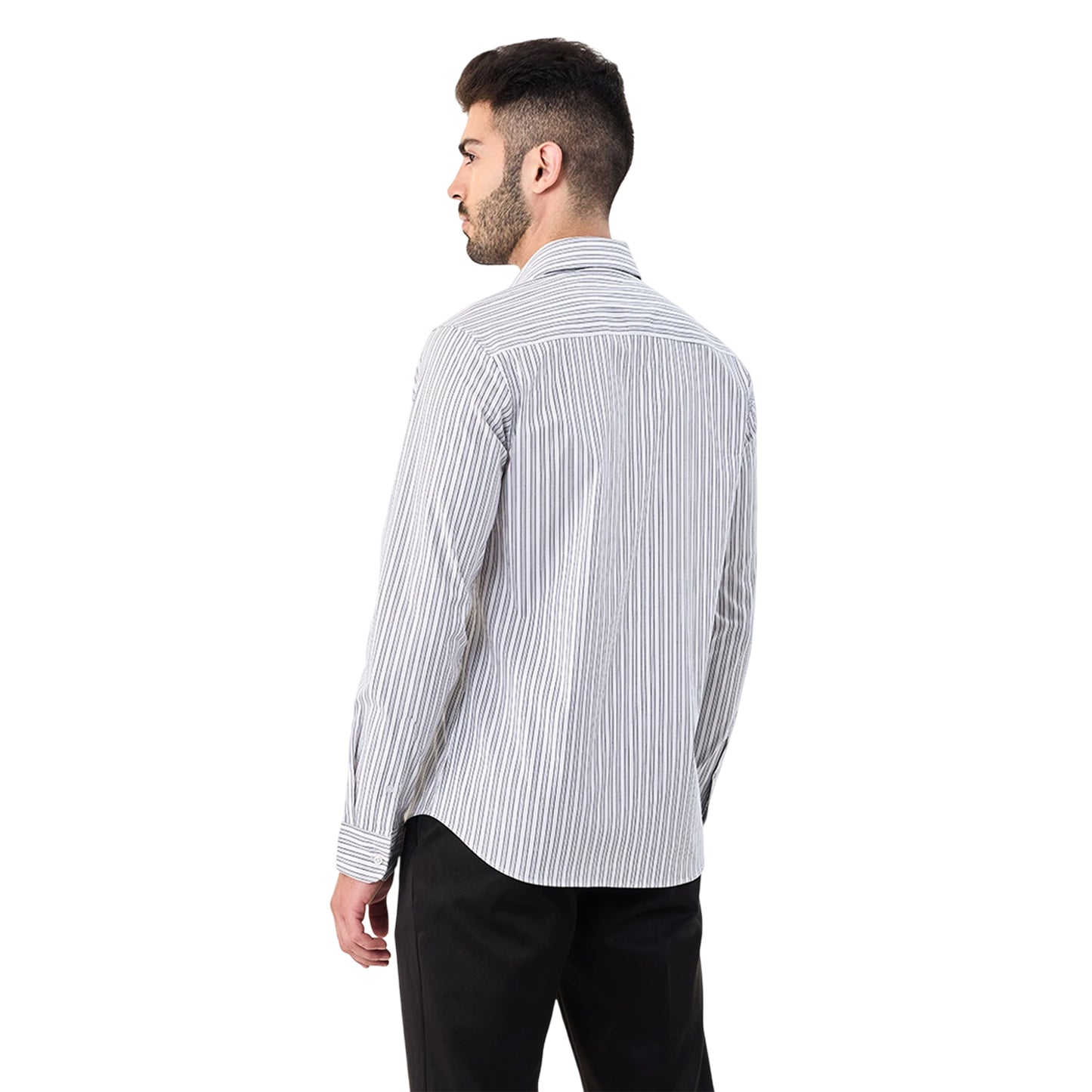 Medium Grey - Back - Boss Mens Striped Point Collar Regular Long-Sleeved Shirt